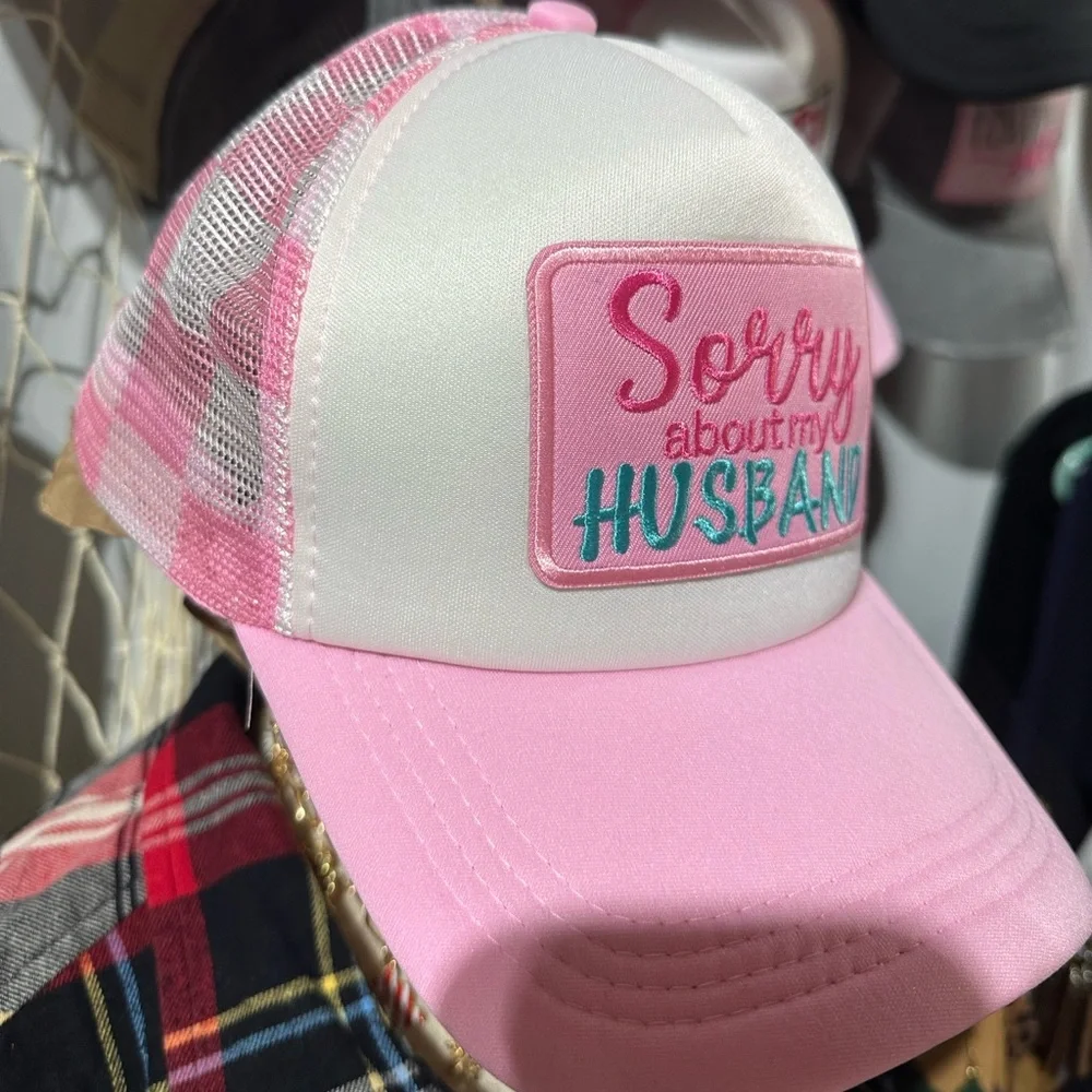 Sorry About My Husband Pink Hat Trucker Hat Adjustable Baseball Cap - Picture 2 of 2